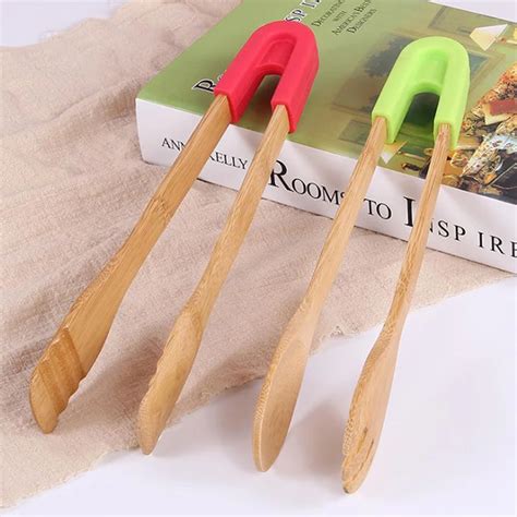 Bamboo Food Toaster Tongs Wooden Salad Cake Snack Clip Grip Silicone ...