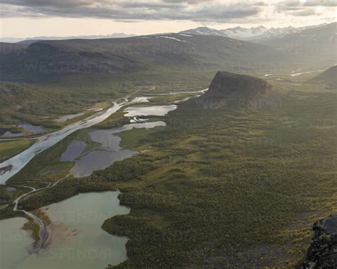 Aerial view of river and mountains in Rapa Valley, Sweden stock photo