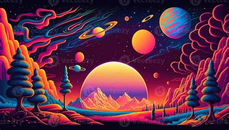 , Psychedelic Space banner template, nostalgic 80s, 90s background ...