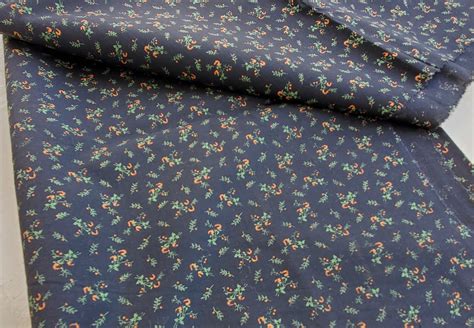 Vintage Calico Floral Print Black Fabric 2.4 Yards Small Scale Orange Flowers Green Leaves ...