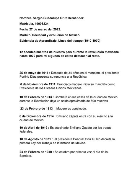 12 acontecimientos de la revolucion 1910-1970 - Nombre. Sergio Guadalupe Cruz Hernández ...