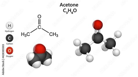 Structural chemical formula and molecular structure of acetone. Formula C3H6O. Chemical ...