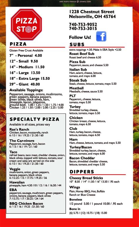 Menu at Pizza Stop restaurant, Nelsonville