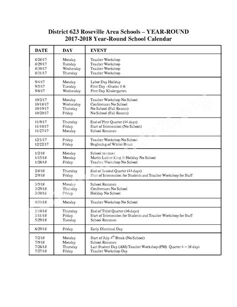 2017 - 2018 School Calendar | Roseville Public School District ...