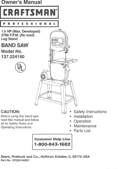 Craftsman 137224140 User Manual 1.5HP BANDSAW Manuals And Guides L0804149