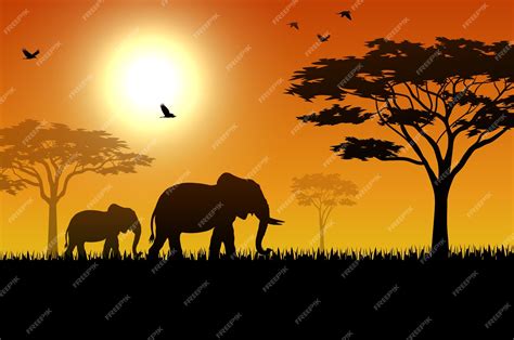 Premium Vector | Elephant silhouette at sunset