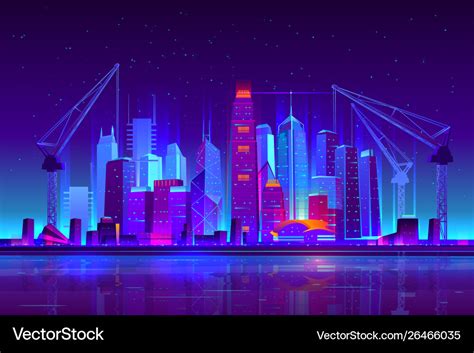 Night neon city building with construction cranes Vector Image