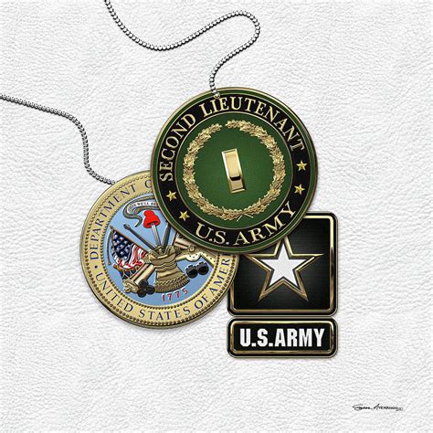 U.S. Army Second Lieutenant - 2LT Rank Insignia with Army Seal and Logo over White Leather ...