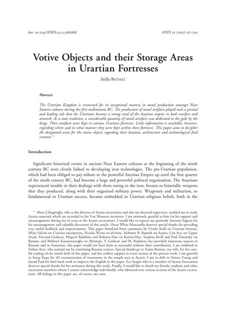 (PDF) Votive Objects and their Storage Areas in Urartian Fortresses