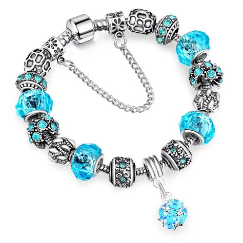 Antique Silver Charm pandora Bracelets for women Exquisite Pendant blue crystal Bracelets ...