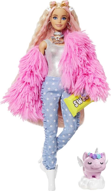 Barbie Extra Fashion Doll with Crimped Hair in Fluffy Pink Coat with ...