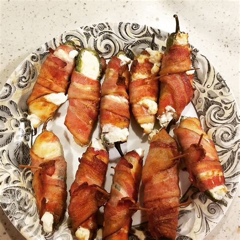 Cream cheese stuffed jalapenos wrapped in bacon. : r/recipes