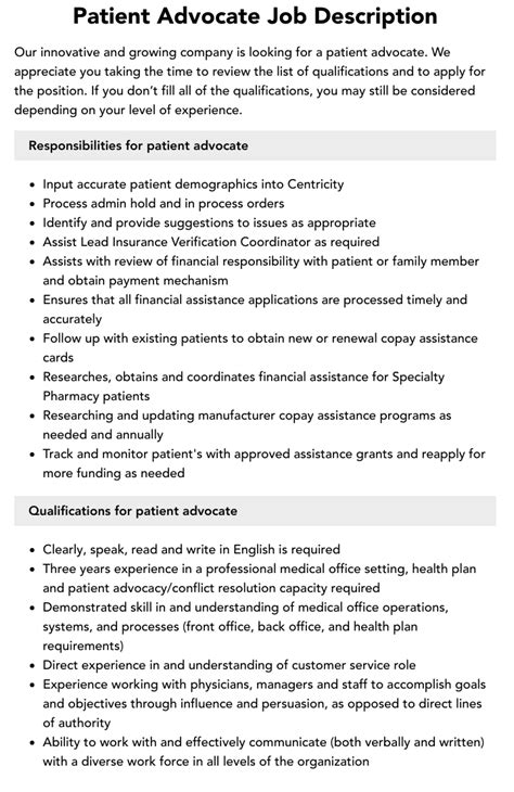 Patient Advocate Job Description | Velvet Jobs