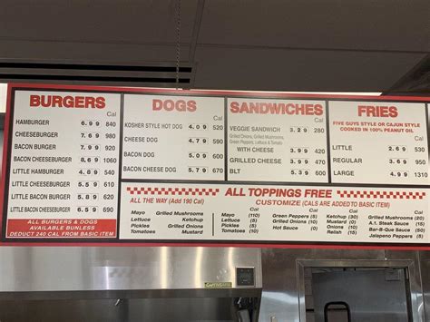 Menu at Five Guys fast food, Indianapolis, W 86th St