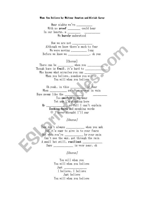 When You Believe-Song by Whitney Houston Vocabulary and Adverb Clauses - ESL worksheet by ...