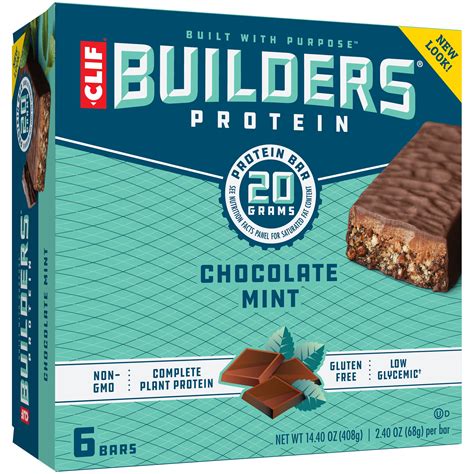 Clif Builders Protein Bars, Chocolate Mint, 20g Protein, 2.4 ounce bars, 6 count (Now Gluten ...