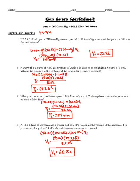 Gas Laws Worksheet answer key - Gas Laws Worksheet atm = 760 mm Hg ...