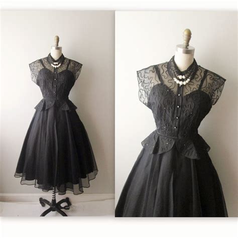 50s New Look Dress // Vintage 1940s Black Net Rhinestone Cocktail Party ...