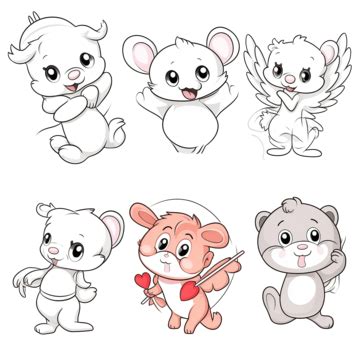 Outlined Cute Animals Cupid Cartoon Characters Vector Hand Drawn Collection Set, Cartoon Art ...