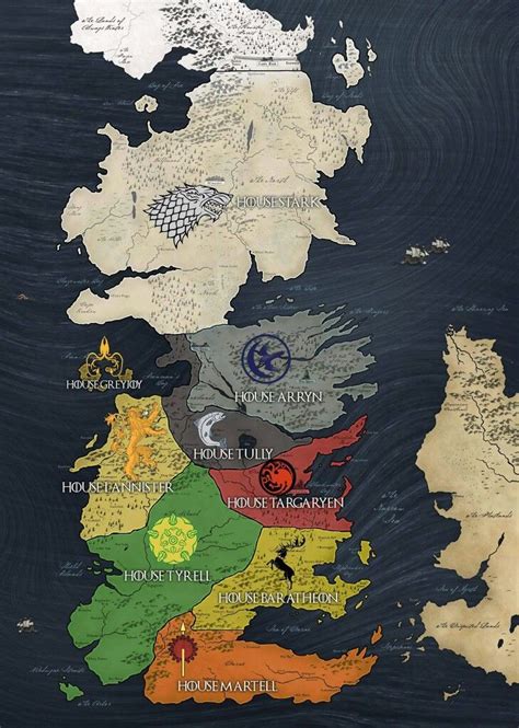 GoT Game of Thrones Westeros map of all the Houses. Stark, Lannister, Tyrell, Martell, Bara ...