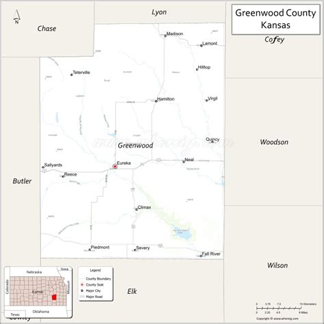 Map of Greenwood County, Kansas showing cities, highways & important ...