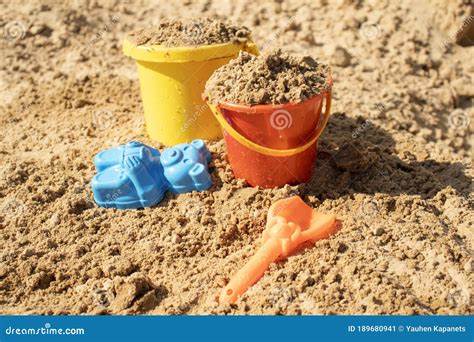 Fine Wet River Sand with Toys for Children`s Sandboxes Stock Image - Image of green, game: 189680941