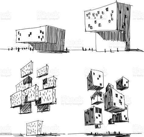 Four Architectural Sketches Of A Modern Abstract Architecture Stock ...