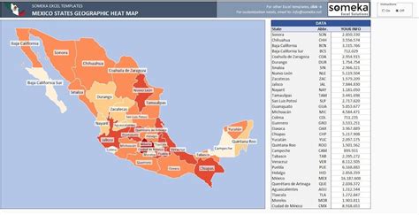 Mapa de calor geográfico de México / Plantilla de Excel / Mapa de densidad / Coloración ...