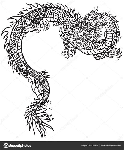 Eastern Dragon Black White Tattoo Style Outline Vector Illustration ...