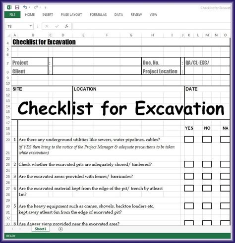 Checklist for Excavation Excel Sheet