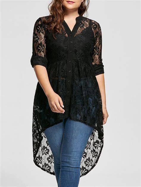 [43% OFF] High Low Lace Long Sleeve Plus Size Top | Rosegal