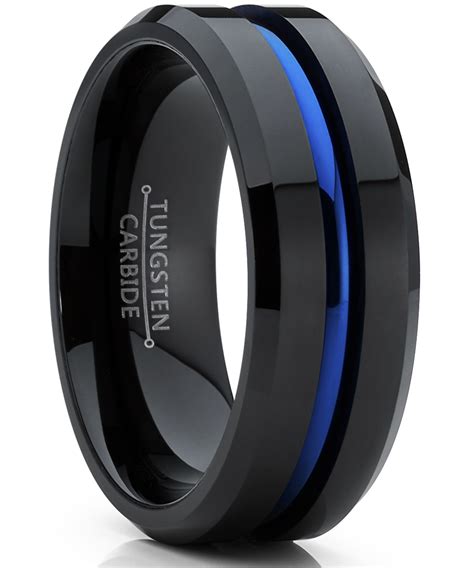 Men's Tungsten Carbide Black and Blue Wedding band Engagement Ring with Grooved Center, Comfort ...