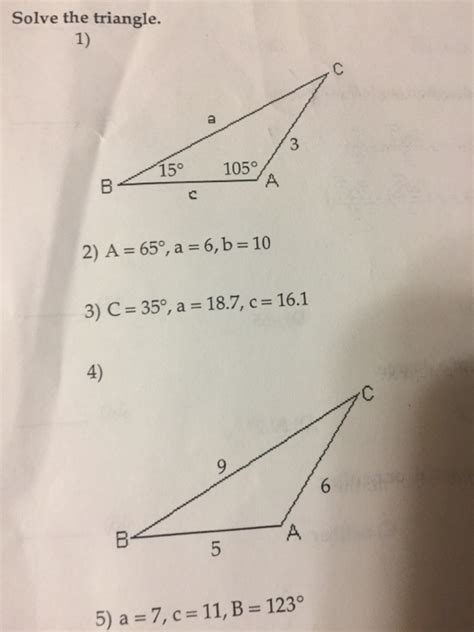 Solved Solve the triangle. A = 65 degree, a = 6, b = 10 C | Chegg.com