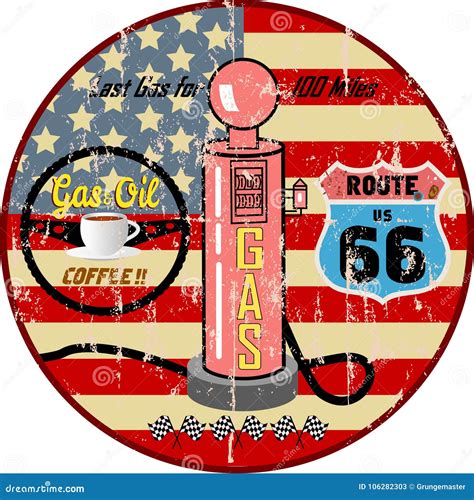 Retro Grungy Route 66 Gas Station Sign Stock Vector - Illustration of ...