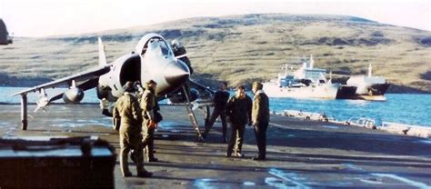 Royal Navy Sea Harrier diverted from San Carlos FOB to HMS Intrepid (LPD) during the Falklands ...