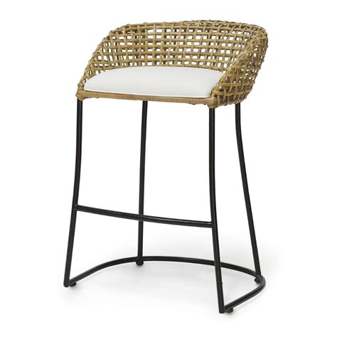 Palecek Vero Coastal Beach Black Iron Woven Rattan Bar Stools