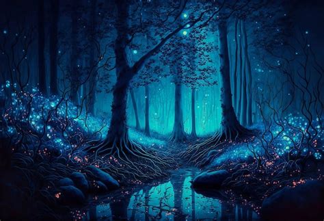 Premium Photo | Magical glowing blue forest at night