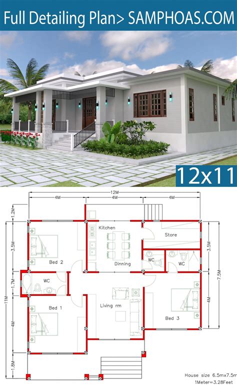 House Design with Full Plan 12x11m 3 Bedrooms – SamPhoas Plan #tophomeinteriors | Bungalow house ...