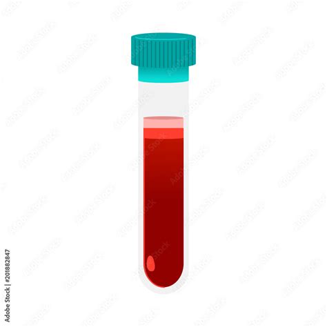 Red blood in glass test tube with cap icon isolated on white background. Cartoon vacutainer ...