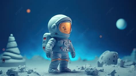 3d Rendering Moon Exploration Rocket Cartoon In Space Suit Standing On The Lunar Surface ...