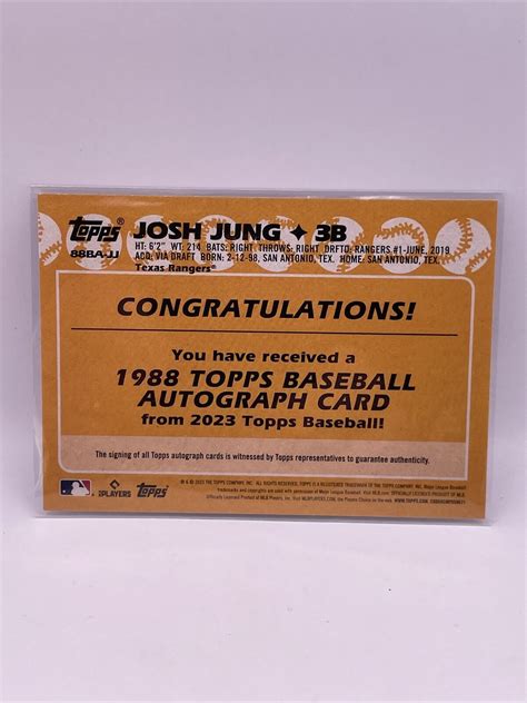 Mavin | Josh Jung RC Auto 2023 Topps 1988 design #88BA-JJ On Card Signed Rookie Rangers