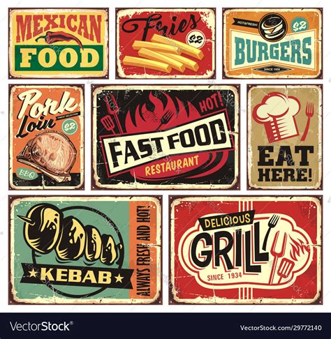 Collection retro food restaurant signs Royalty Free Vector