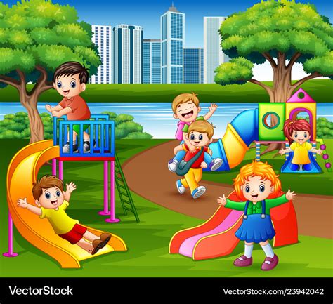 Happy children playing in school playground Vector Image