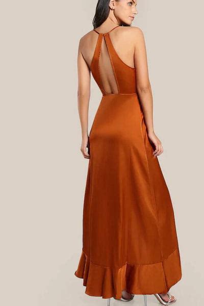 Halter Burnt Orange Long Prom Dress with Flounced Trim – loveangeldress