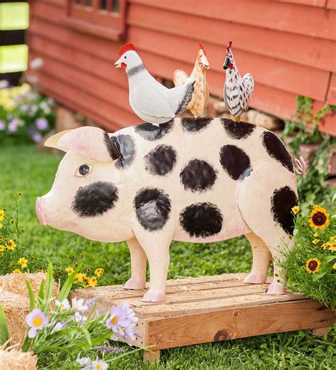 Handcrafted Metal Pig with Chickens Sculpture | Wind and Weather