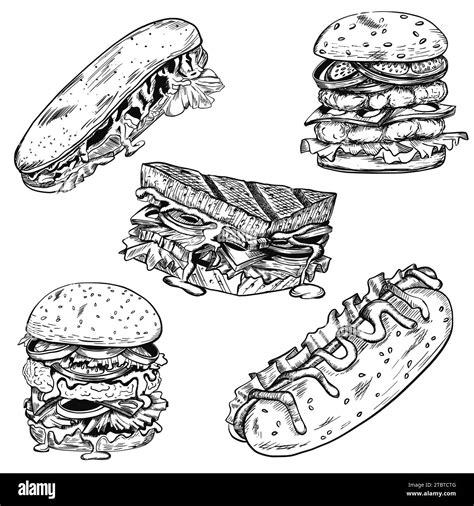 Sketch of set of burger, cheeseburger, sandwich, hot dogs Stock Vector Image & Art - Alamy