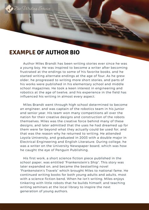 Example of author bio you can use to get the inspiration you need for writing. If you need more ...