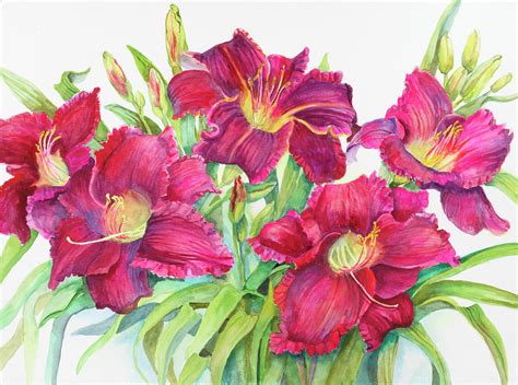 Red Daylilies With Yellow Centers Painting by Joanne Porter | Fine Art ...