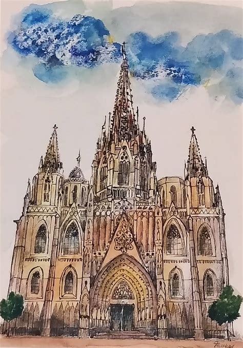 Cathedral - Gothic Quarter Drawing by Csilla Fazekas | Saatchi Art