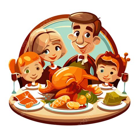 Family Thanksgiving Dinner Vector, Sticker Clipart Cartoon Image Of Family With A Thanksgiving ...